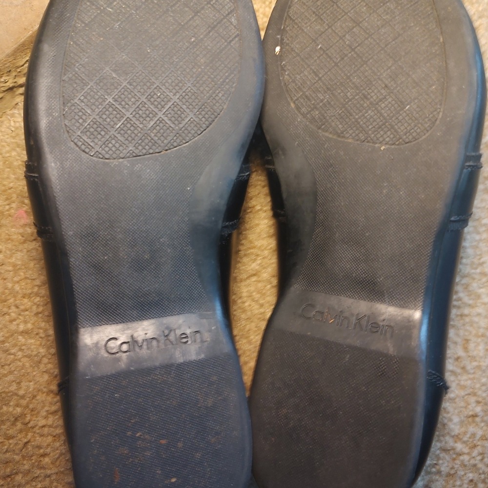 Calvin Klein Men Black Leather Square Toe Loafers Metal Bar Detail Slip On Sz 13